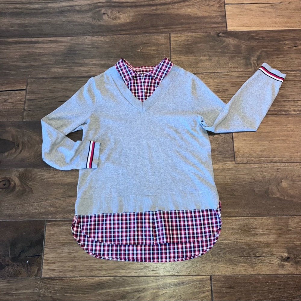 Tommy Hilfiger Twofer Layered V Neck Sweater- Gray, Navy and Red, Size M